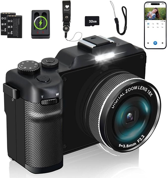 Read more about the article 4K Digital Camera for Photography 64MP 18X Digital Zoom Auto Focus Macro Lens,Vlogging Camera with WiFi 2 Batteries 32G TF Card Charging Station,Portable Travel Camera for YouTube