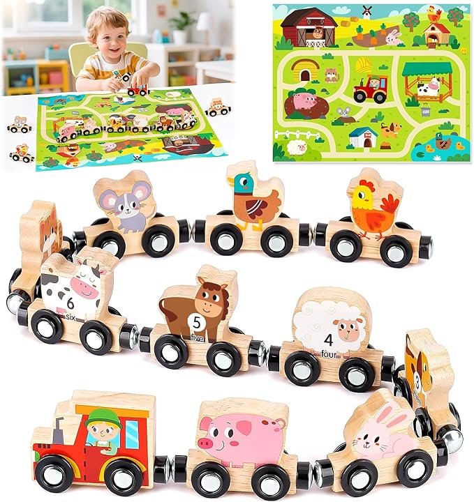 Read more about the article Toys for 1 2 3 4 Year Old Boy Gifts: Toddler Montessori Toys Magnetic Wooden Train Set for Boys Girls Age 2 3 4 Educational Toy Gift for Kid Farm Animals Track Mat Set Birthday Presents for Toddlers