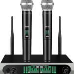 Wireless UHF Microphone System with 2 Handheld Microphones, Auto Scan, Dual Channel Receiver for Karaoke, Stage, Church & DJ