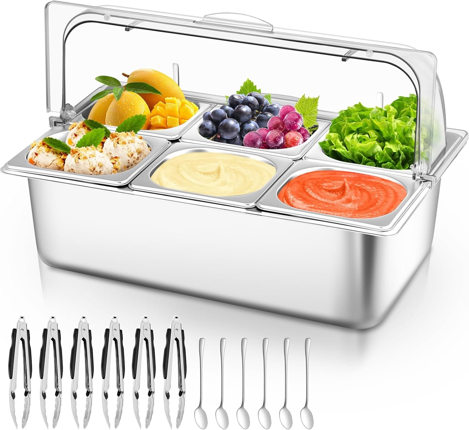 You are currently viewing Countertop Food Serving Display Container with Clear Roll Top Cover, 6-Pan Stainless Steel Buffet Serving Tray, Ice-Cooled Salad Bar & Condiment Dispenser for Restaurant, Kitchen, Party