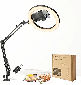 You are currently viewing 10″ LED Ring Light with Overhead Phone Stand, CRI≥95 1200lm Dimmable Lighting, Adjustable Metal Arm with Remote & Phone Holder, for Streaming, Makeup, Zoom Calls, Photography
