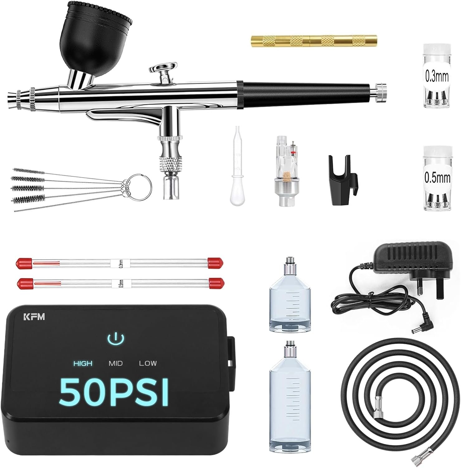 Read more about the article Professional Airbrush Kit with Compressor (40 PSI), Dual-Action Air Brush Set with 0.2/0.3/0.5mm Nozzles, High Pressure Spray Gun with Cleaning Kit for Painting, Cake Decorating, Nail Art & Makeup