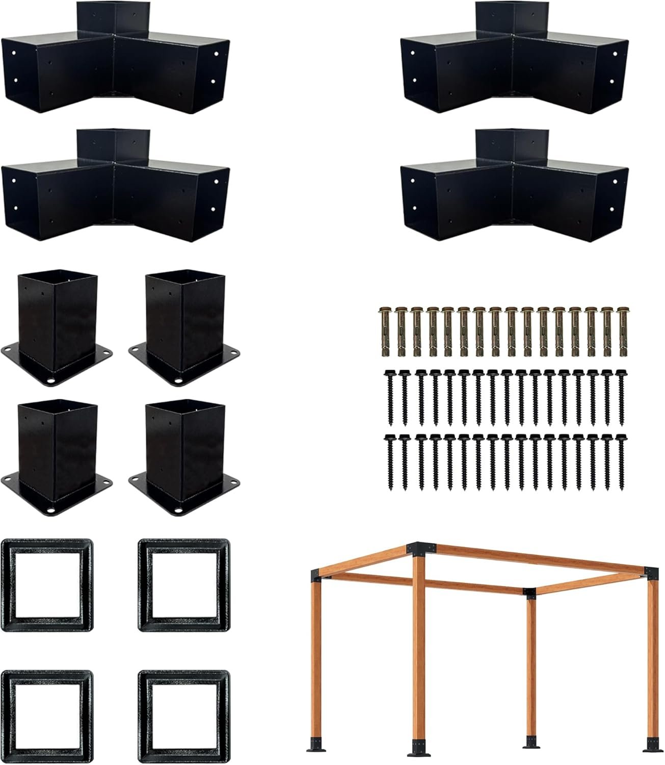 You are currently viewing Pergola Kit with 3-Way Brackets for 4″x 4″ (Actual 3.6″ X 3.6″) Lumber, Heavy Duty Iron Pergola Bracket Suitable for Pergolas, Gazebos Includes Metal Base, Screws