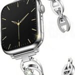 SaNgaMEi Slim Metal Apple Watch Band for Women – Bling Diamond Stainless Steel Bracelet Strap Compatible with iWatch Series 11/10/9/8/7/6/5/4/3/SE/Ultra (38mm–49mm)
