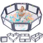 Kidirect Foldable Baby Playpen, 71″×69″ Extra Large Playpen for Babies and Toddlers, Portable Play Yard with 5 Handles, Indoor Outdoor Safety Baby Fence with Visible Mesh, Grey