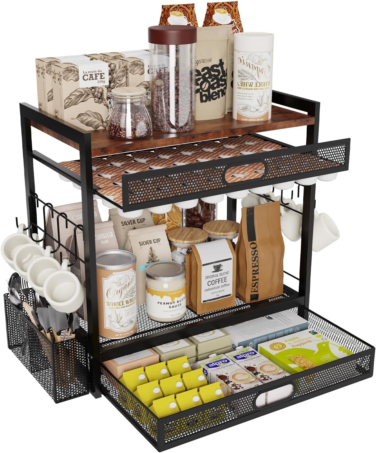 You are currently viewing Coffee Bar Organizer Station with CoffeePod Drawer Mug Cup Holder and Tea Condiment Storage for Countertop Organizer CoffeeBar Accessories