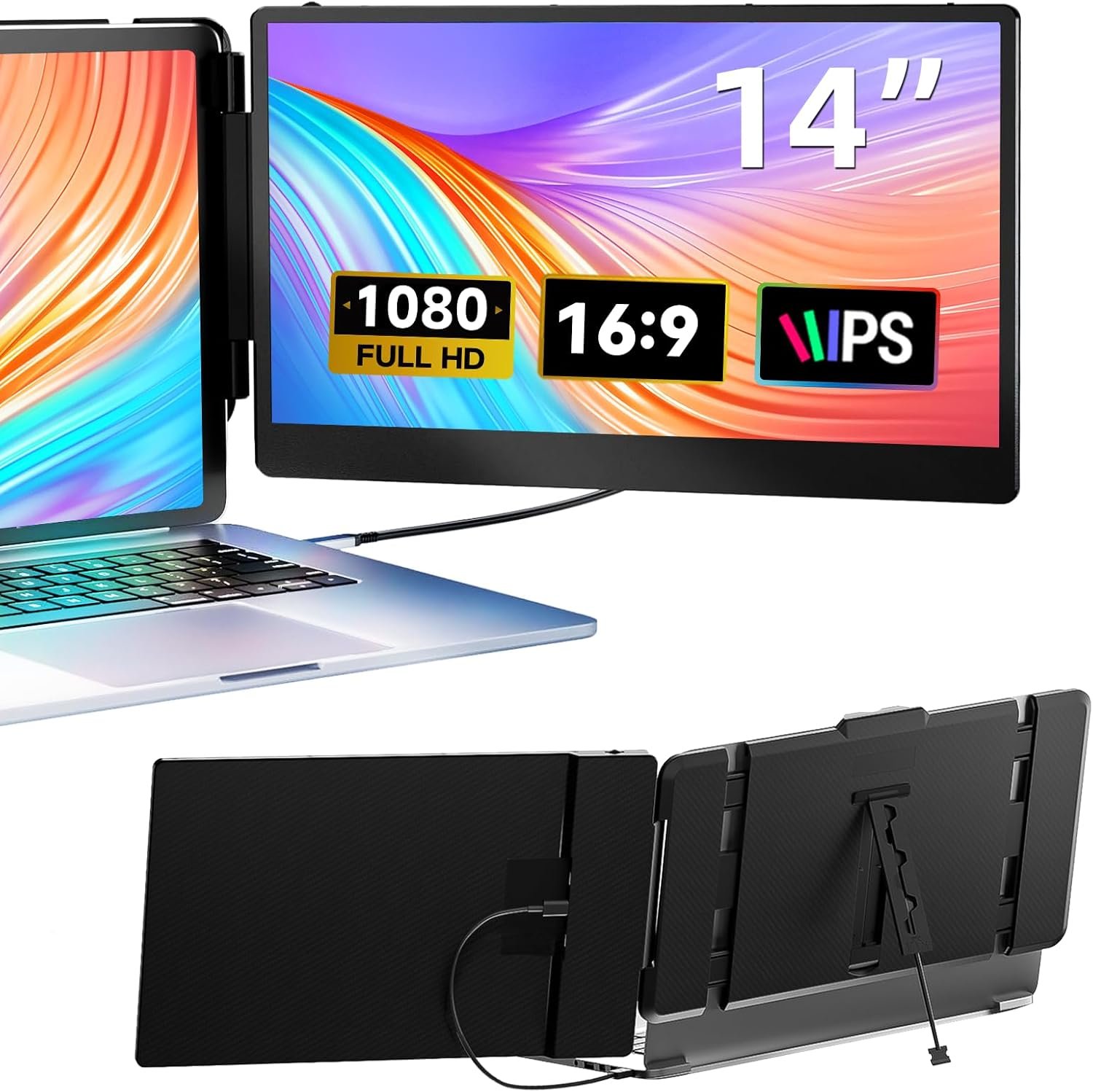 You are currently viewing 14″ FHD 1080P Laptop Screen Extender, Dual Portable IPS Monitor, Plug & Play Triple Display for 13.3″-17″ Laptops with HDMI/USB-A/Type-C, Compatible with Windows, Mac, Chrome & Android