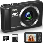 4K Digitalkamera mit 32 GB SD-Karte – 64MP Kompaktkamera, Mini-Kamera für Kinder