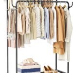 Clothes Rack Rolling Double Rod Garment Rack with Wheels, Heavy Duty Metal Clothing Rack Organizer, Portable Wardrobe Storage for Bedroom & Laundry Room