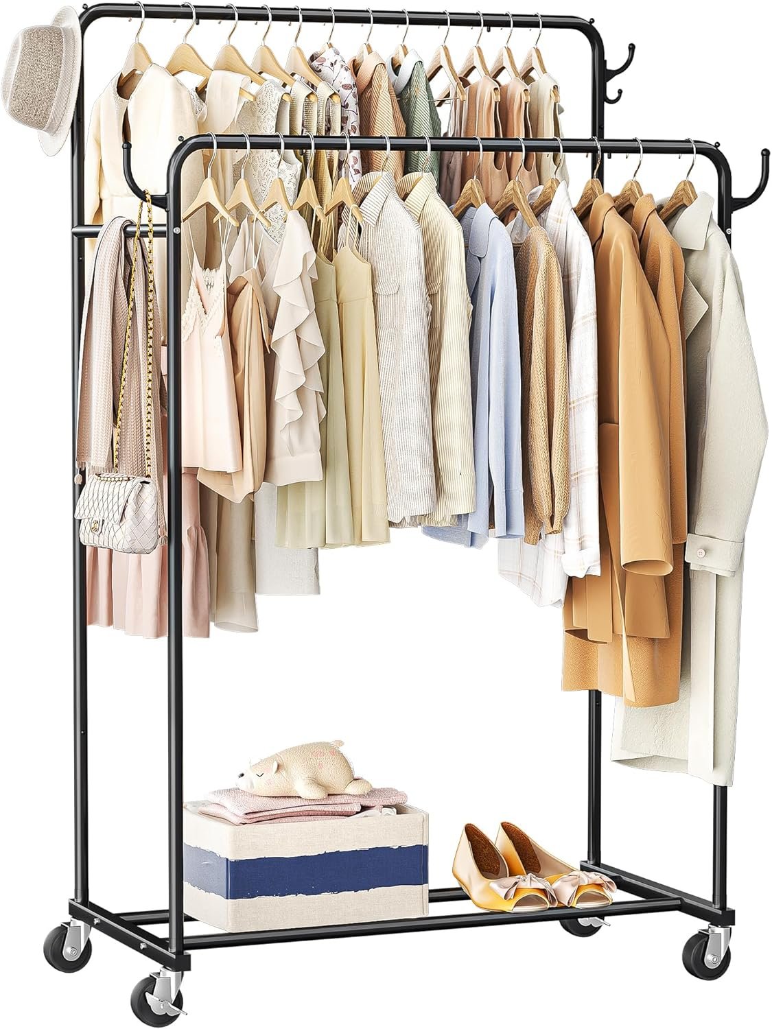 You are currently viewing Clothes Rack Rolling Double Rod Garment Rack with Wheels, Heavy Duty Metal Clothing Rack Organizer, Portable Wardrobe Storage for Bedroom & Laundry Room