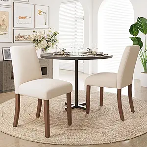 You are currently viewing Upholstered Dining Chairs Set of 2, Mid-Century Dining Room Chairs with Wooden Legs, Farmhouse Fabric Parsons Chairs for Small Space Restaurant & Cafe- Beige