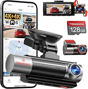 Read more about the article 4K+4K+1080P 3 Channel Dash Cam Front, Rear & Cabin with Free 128GB Card, WiFi 6 (5.8GHz), Built-in GPS, IR Night Vision, G-Sensor, 24H Parking Mode, Support up to 512GB
