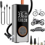 Portable Car Tire Inflator Air Compressor, 150 PSI Fast Inflation Pump, 8000mAh Cordless Electric Air Pump with Digital Pressure Gauge, Auto Shut-Off & LED Light for Car, Bike, Motorcycle & Balls