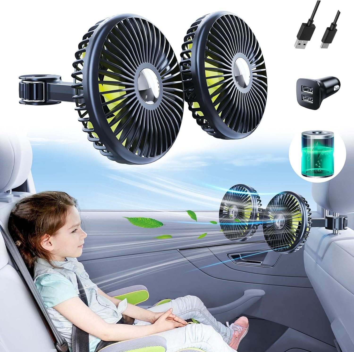 You are currently viewing Battery Fan for Car Backseat – Rechargeable Car Fan for Backseat Kids Dogs [Comes with Car Charger&USB C Cable] 360 Rotatable Separate Control Car Fans That Blow Cold Air for Vehicles SUV RV