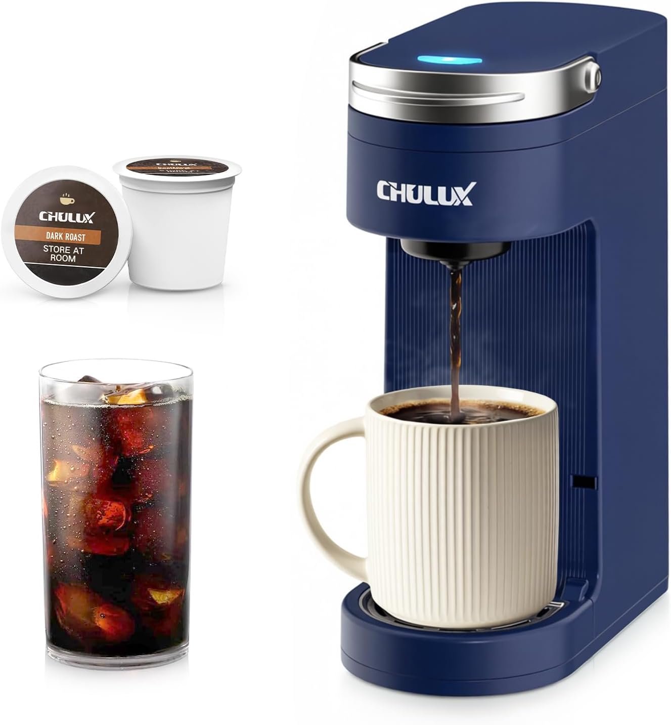 Read more about the article CHULUX Single Serve Coffee Maker for K Cups, One Cup Coffee Machine for Travel Mug, Fast Brewing, Auto Off, Matte Navy
