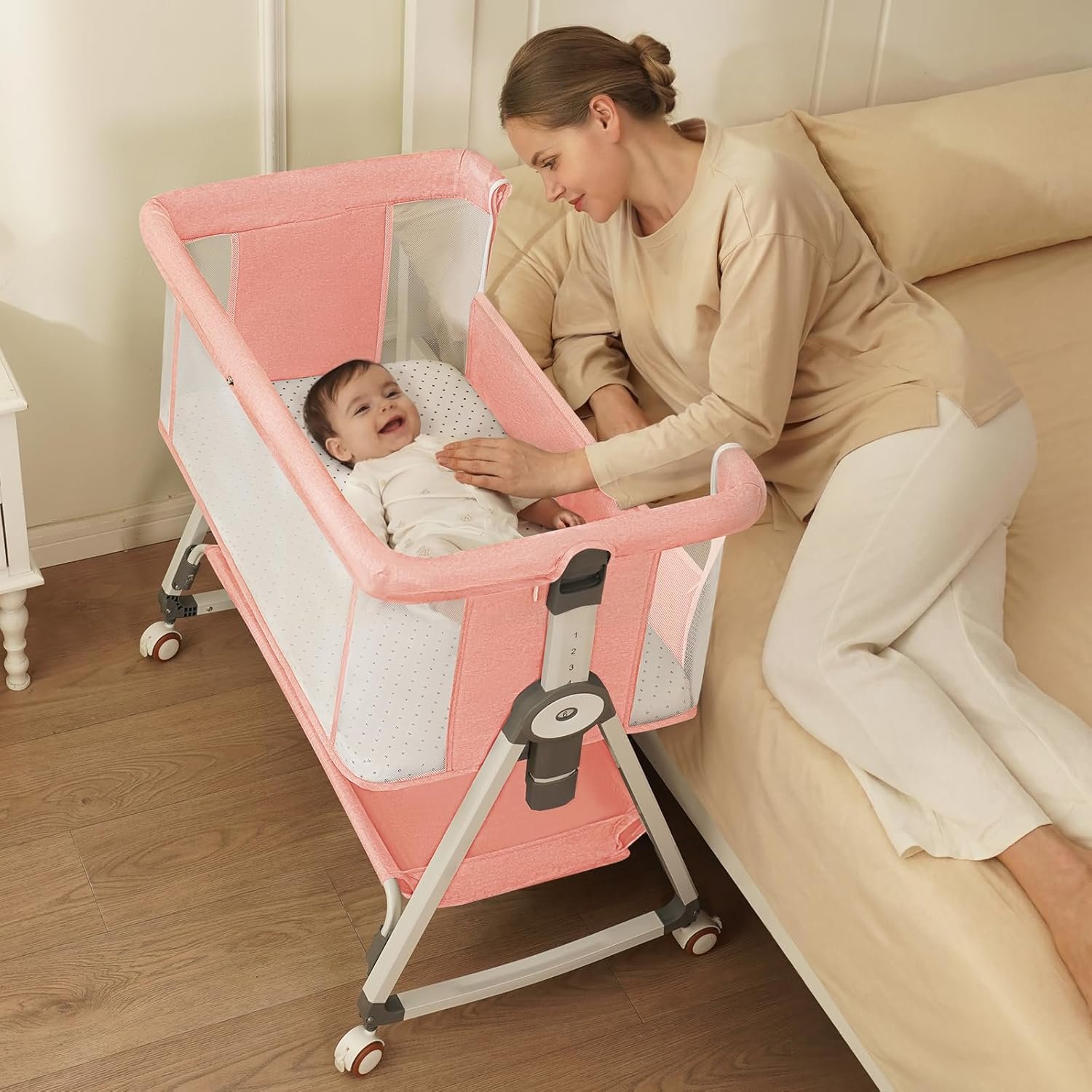 You are currently viewing Pink Baby Bassinet with 6 Adjustable Heights and Storage Basket