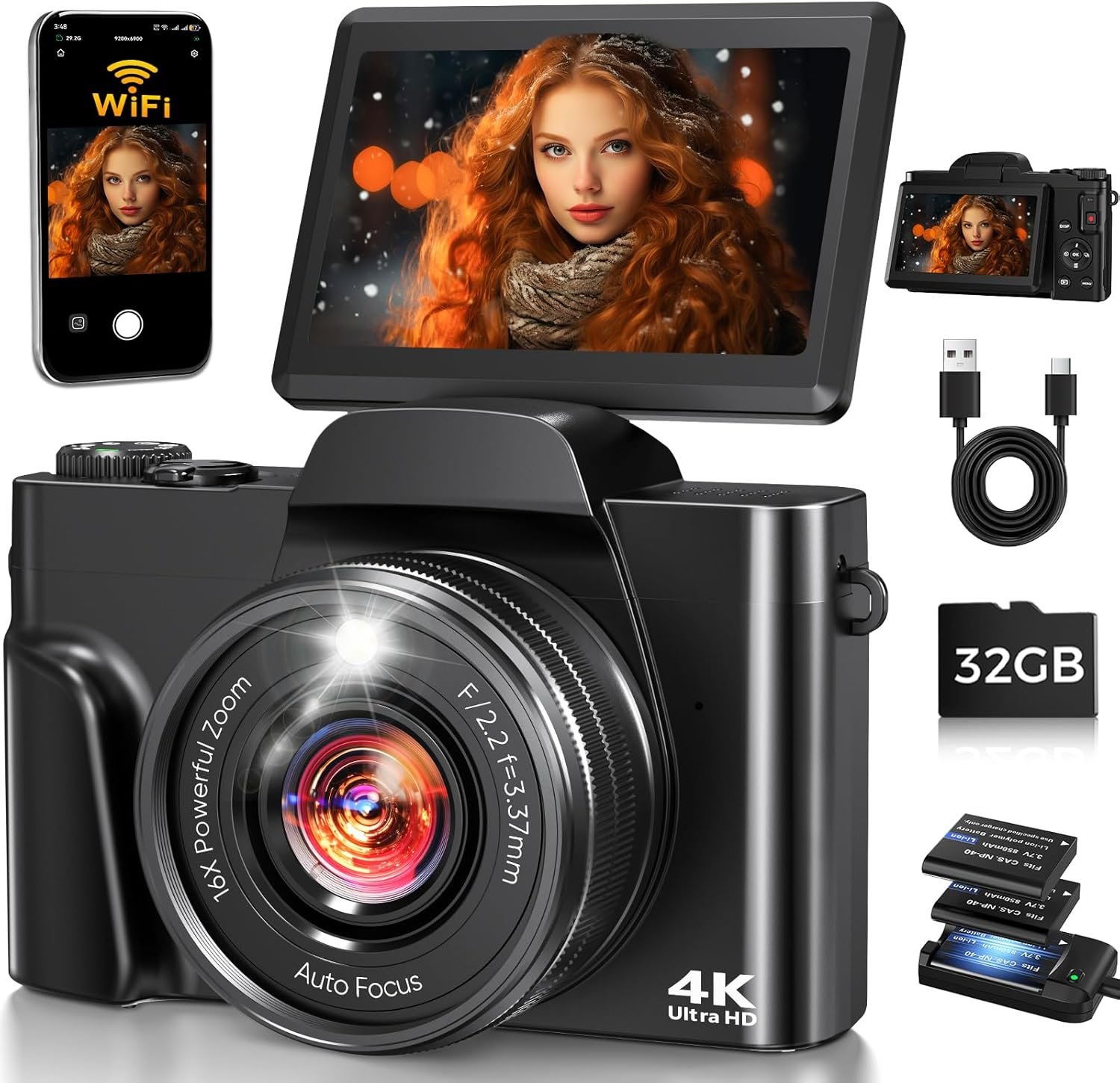 You are currently viewing 4K Digital Camera for Photography with WiFi,64MP Autofocus 3” 180° Flip Screen 16X Zoom Vlogging Camera for YouTube, Compact Travel Camera for Beginners, Anti-Shake, 32GB Card, 2 Batteries, Black