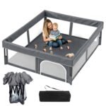 Foldable Baby Playpen, 48″×48″ Play Yard for Toddlers, Portable & Collapsible Playpen with Gate, ASTM & CPSC Certified, Skin-Friendly & Breathable Mesh, Ideal for Indoor & Outdoor Use with Bag