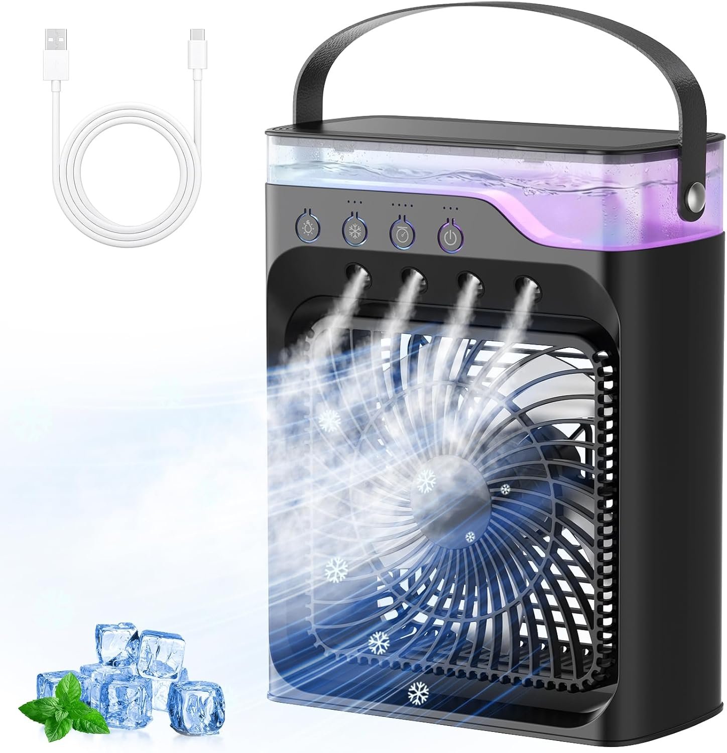 You are currently viewing Portable air Conditioners, Personal Cooling Fan with 120° Oscillation, 3 Wind Speed & 4 Sprays, 2/4/6/8H Timer, Multi-Color Light, 3 in 1 Desktop Mini AC Unit for Car, Bedroom and Camping(Black)