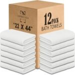 CH White Bath Towels Bulk Pack of 12 (22×44 Inches) – Pure Cotton Lightweight & Absorbent Towels for Airbnb, Hotels, Motels & Commercial Use