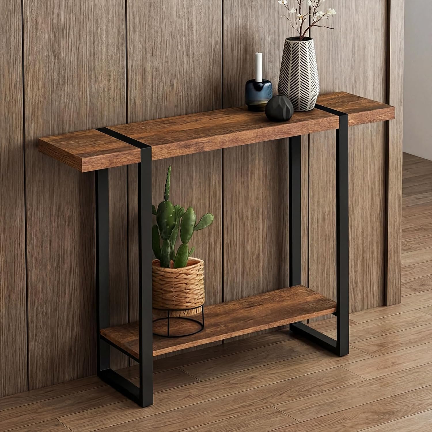 You are currently viewing Real Solid Wood Console Table, Narrow Entryway Table for Small Spaces, Heavy Duty Sofa Table, Modern Hallway Accent Table – Walnut Color – L31.4*W7.8*H31.4in