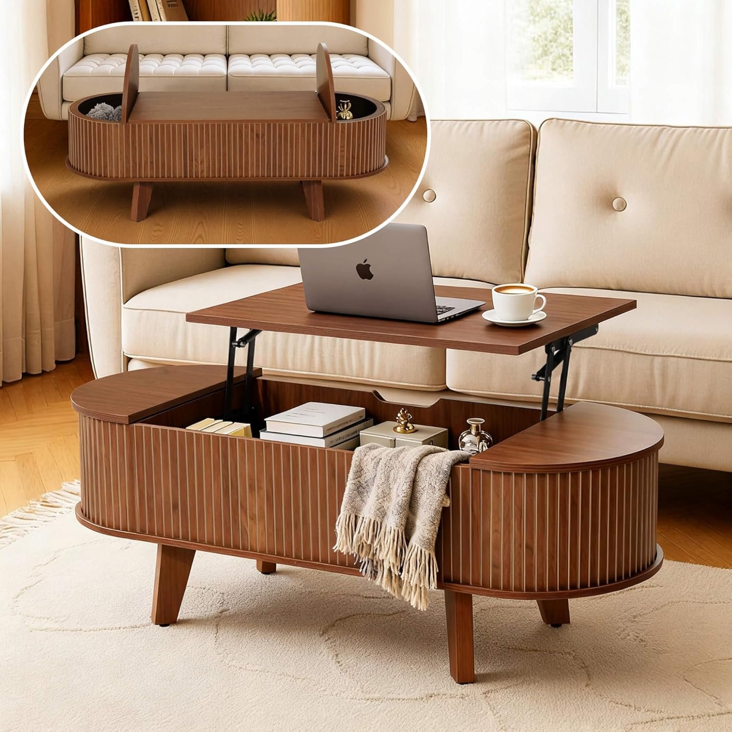 You are currently viewing Fluted Oval Lift Top Coffee Table with Storage, 47″ Wood Mid Century Modern Coffee Table for Living Room, Walnut