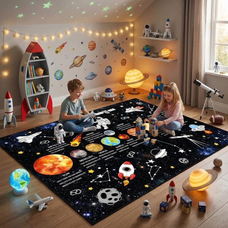 Read more about the article Space Kids Rug for Boys Room, Playroom, Classroom, Nursery, Daycare, 5×7 Ft Educational Non-Slip Play Mat Carpet for Children Toddler Leaning Solar System, Washable & Soft Galaxy Star Rug-Faux Wool