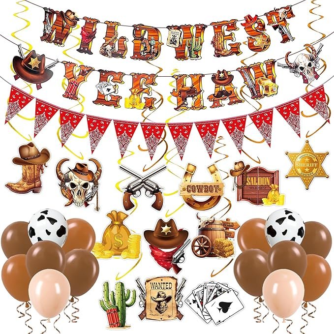 Read more about the article Western Party Decorations, Cowboy Banners Wild West Yee Haw Banners Hanging Swirls Ceiling Streamers for Boys Rodeo Theme Birthday Party Western Baby Shower