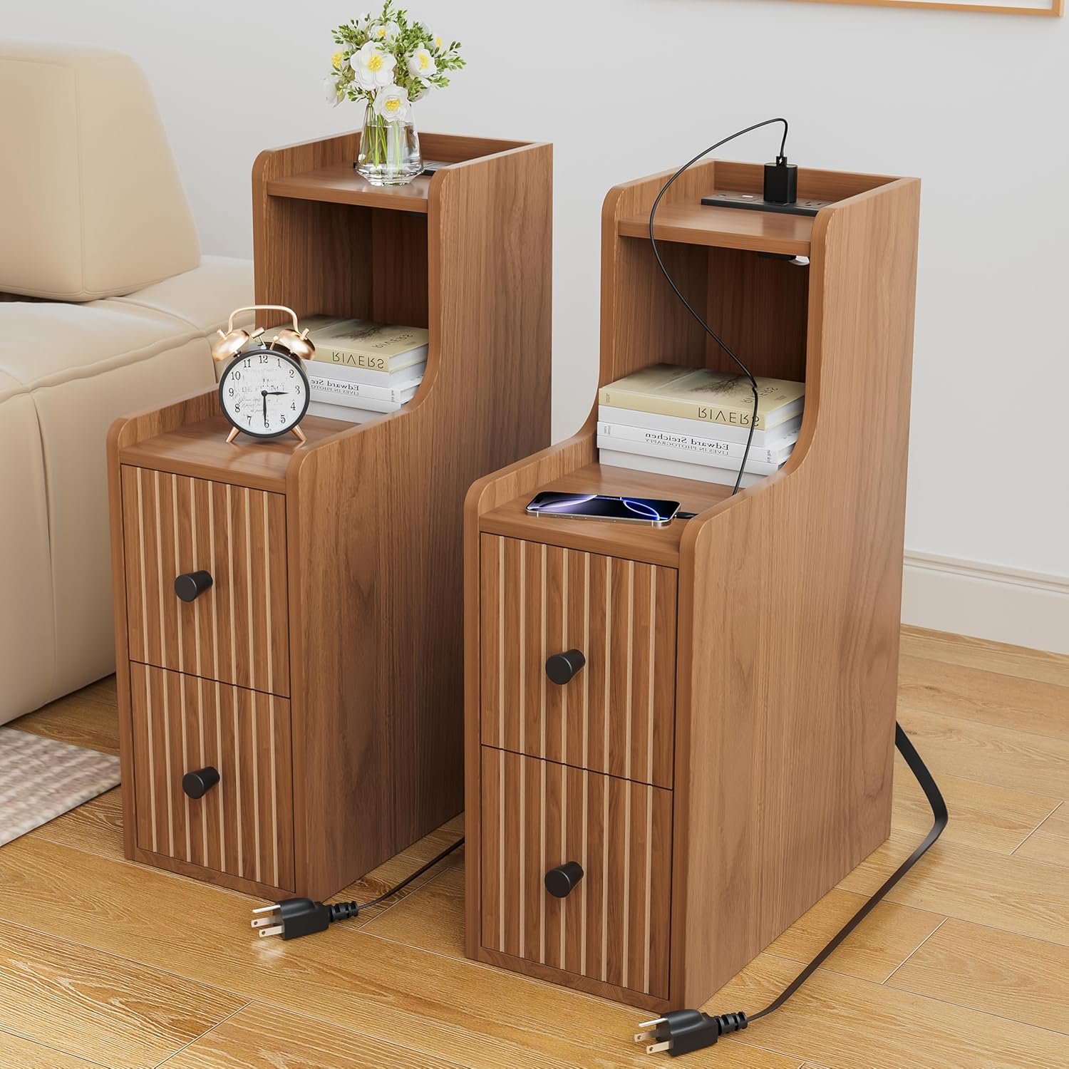 You are currently viewing Set of 2 Narrow Side Table with Charging Station, Wooden Slim End Table with Storage, Mid Century Modern Nightstand with Drawers for Living Room,