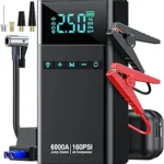 10-in-1 Portable Car Battery Jump Starter with Air Compressor, 6000A 160PSI Portable Car Jumper Starter (All Gas 12L Diesel), 12V Jump Box Car Battery Jump