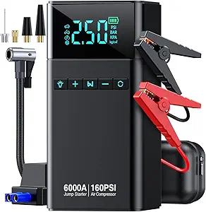 You are currently viewing 10-in-1 Portable Car Battery Jump Starter with Air Compressor, 6000A 160PSI Portable Car Jumper Starter (All Gas 12L Diesel), 12V Jump Box Car Battery Jump