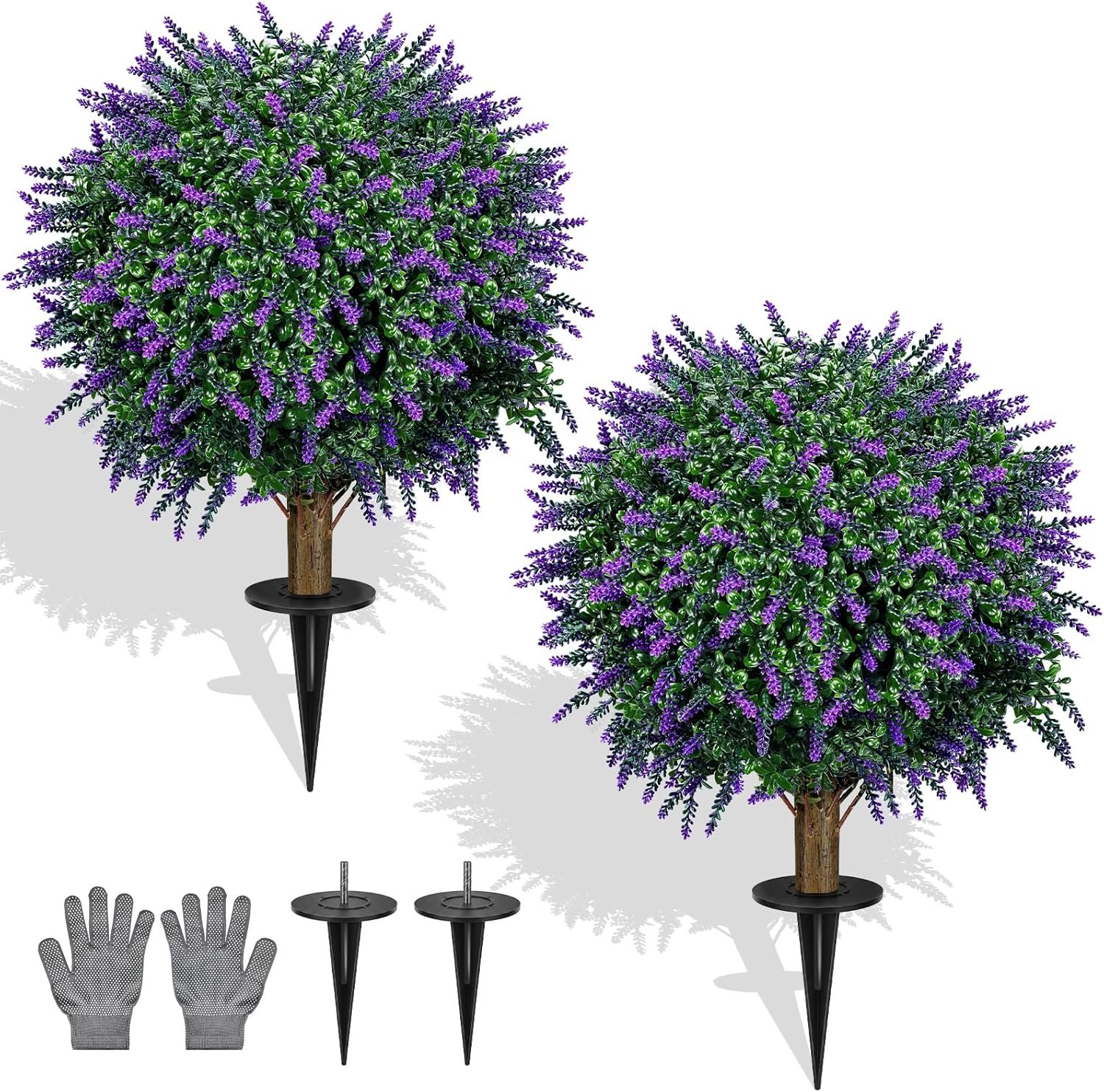 You are currently viewing 27″ Artificial Outdoor Lavender Boxwood Topiary Ball Tree, Set of 2 UV Resistant Faux Silk Shrubs with Ground Spikes, Large Fake Boxwood Plants bushes for Garden, Porch, Patio De