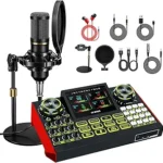 Podcast Microphone Bundle with Live Sound Card & Audio Mixer – 3.5mm Condenser Mic Kit for PC & Mobile, Voice Changer, Denoise, Streaming, Gaming & Singing Setup