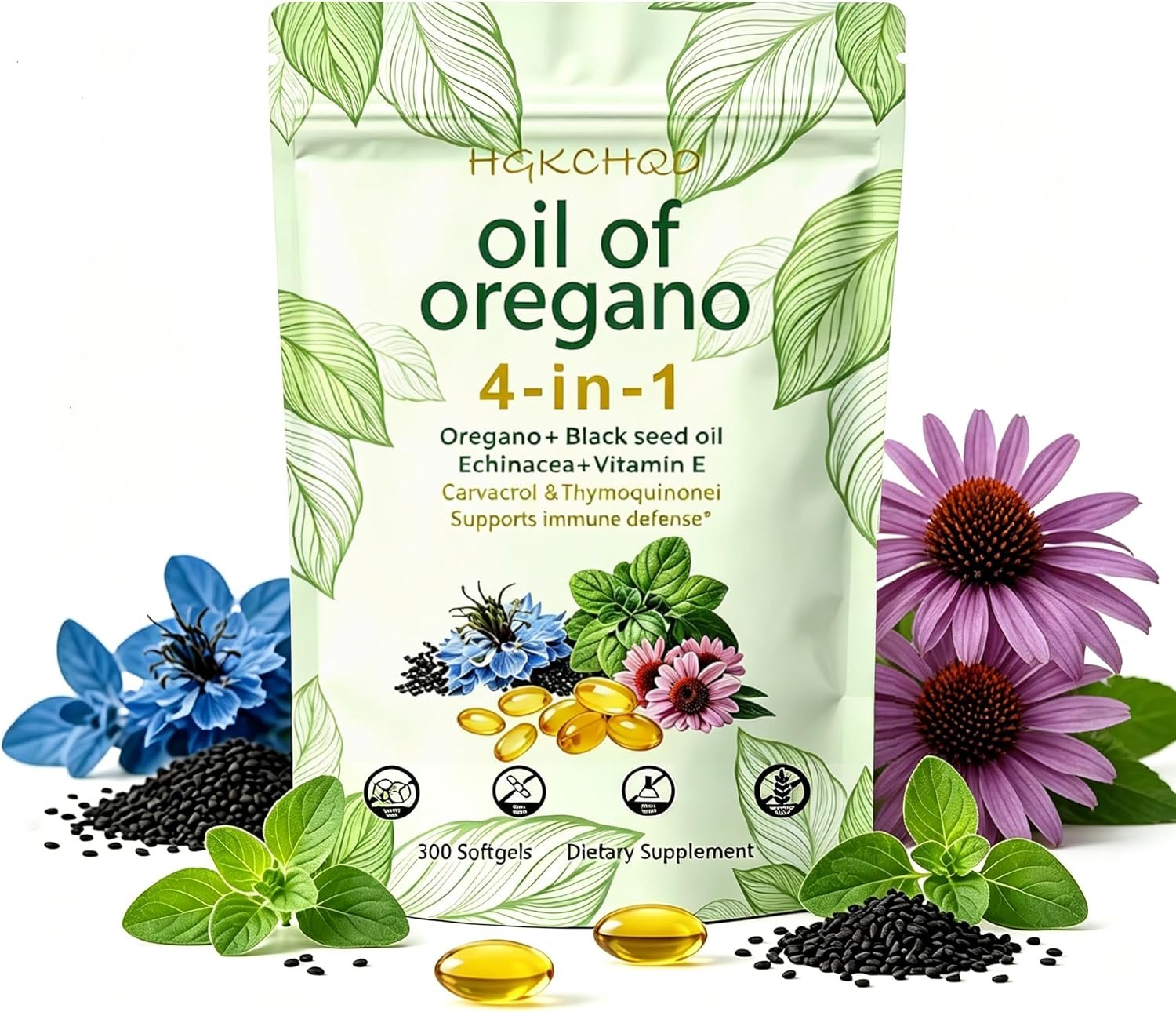 You are currently viewing Oregano oil softgels, 4-in-1 nutritional supplement containing black seed oil | carvacrol ≥85%, thymol ≥3% | echinacea | vitamin E | non-GMO, boosts immunity, and has antioxidant effects. 300 capsules