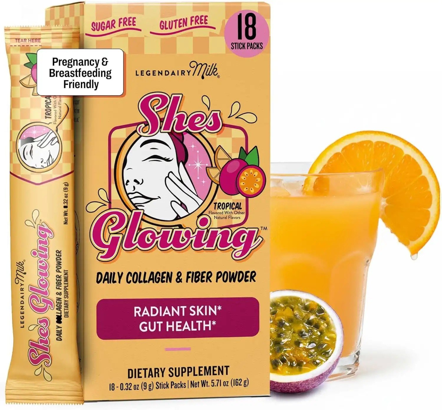 You are currently viewing Legendairy Milk She’s Glowing Collagen Peptides Powder with Prebiotic Fiber, Tropical Drink Mix Supplement for Women, Digestive Support & Daily Wellness, 18 Stick Packs