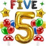 21PCS Retro Gaming Birthday Balloon Set, 40 Inch Number 5 Balloon with Letter Balloons, Mushroom Theme Foil Balloons, Gold Star Balloons and Latex Balloons for Kids Party Decorations