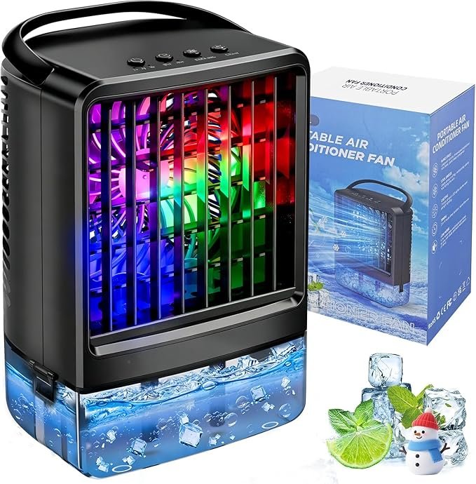 Read more about the article Upgraded Portable Air conditioners, 4-in-1 Desktop Cooling Fan with 3 Wind Speeds,Cooling Mist Mode,800ml Water Tank,7-Color Night light,Personal AC Fan with 2-4H Timer for Bedroom, Office, Home, Car