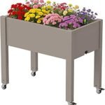 Raised Garden Bed with Wheels, Resin Raised Planter Box Outdoor with Drainage System, Herb Garden Planter for Backyard, Patio, Balcony，Gray(17.7″ D x 30″ W x 26.3″ H
