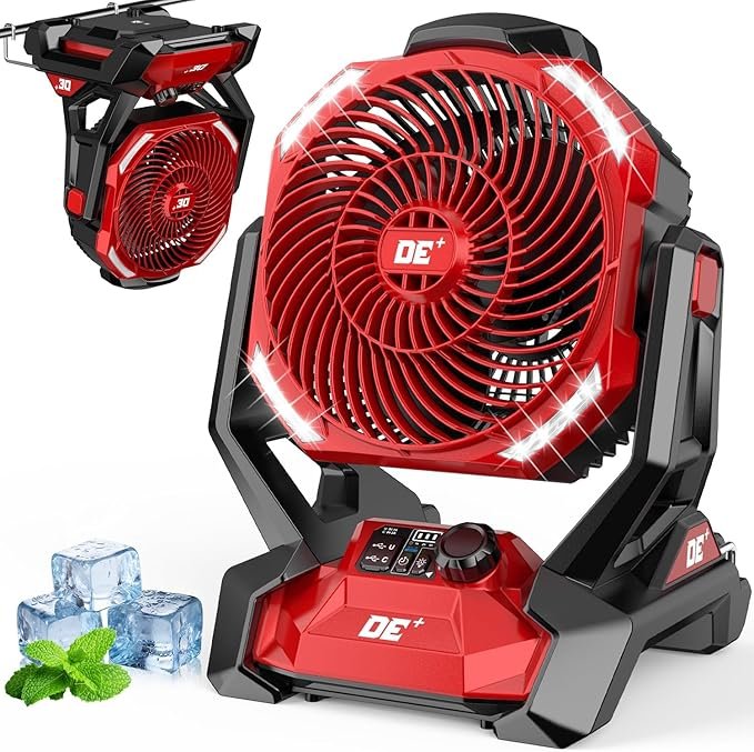 You are currently viewing Battery Powered Fan for Milwaukee M18 Battery,586 CFM Variable Speed, Portable Fan w/180° Adjustable Oscillation, 4H Timer&LED Lights, Hook for Hanging Jobsite Fan, Camping Fans for Tents, Fishing, RV