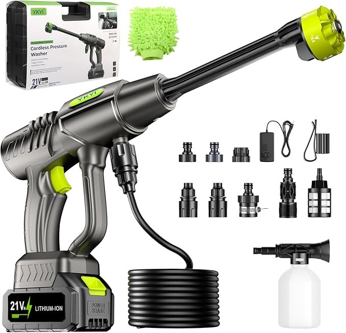 You are currently viewing YKYI Cordless Pressure Washer, Battery Powered with 30 Speed Levels, Handheld Portable Sprayer with 6-in-1 Nozzle, 24FT High-Elastic Hose for C