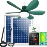 Solar Ceiling Fan Light with Battery and Adjustable Thermostat, 20″ Outdoor Ceiling Fans for Gazebo with 2pcs 15W Bifacial Solar Panels, Solar Powered Canopy Fan for P