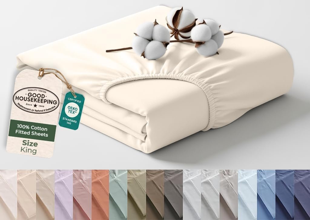 Read more about the article Royale Linens 100% Organic Cotton King Fitted Sheet Only – Percale Weave – Super Soft Deep Pocket Bottom Sheets – Cream Elastic Sheet – King Size Fitted Sheets Only – (78″x80″+15″, Cream)