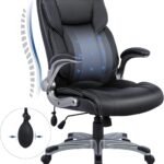 COLAMY High Back Executive Office Chair – Ergonomic Leather Desk Chair with Inflatable Lumbar Support, Flip-Up Arms, Adjustable Tilt Lock & Swivel Base – Black