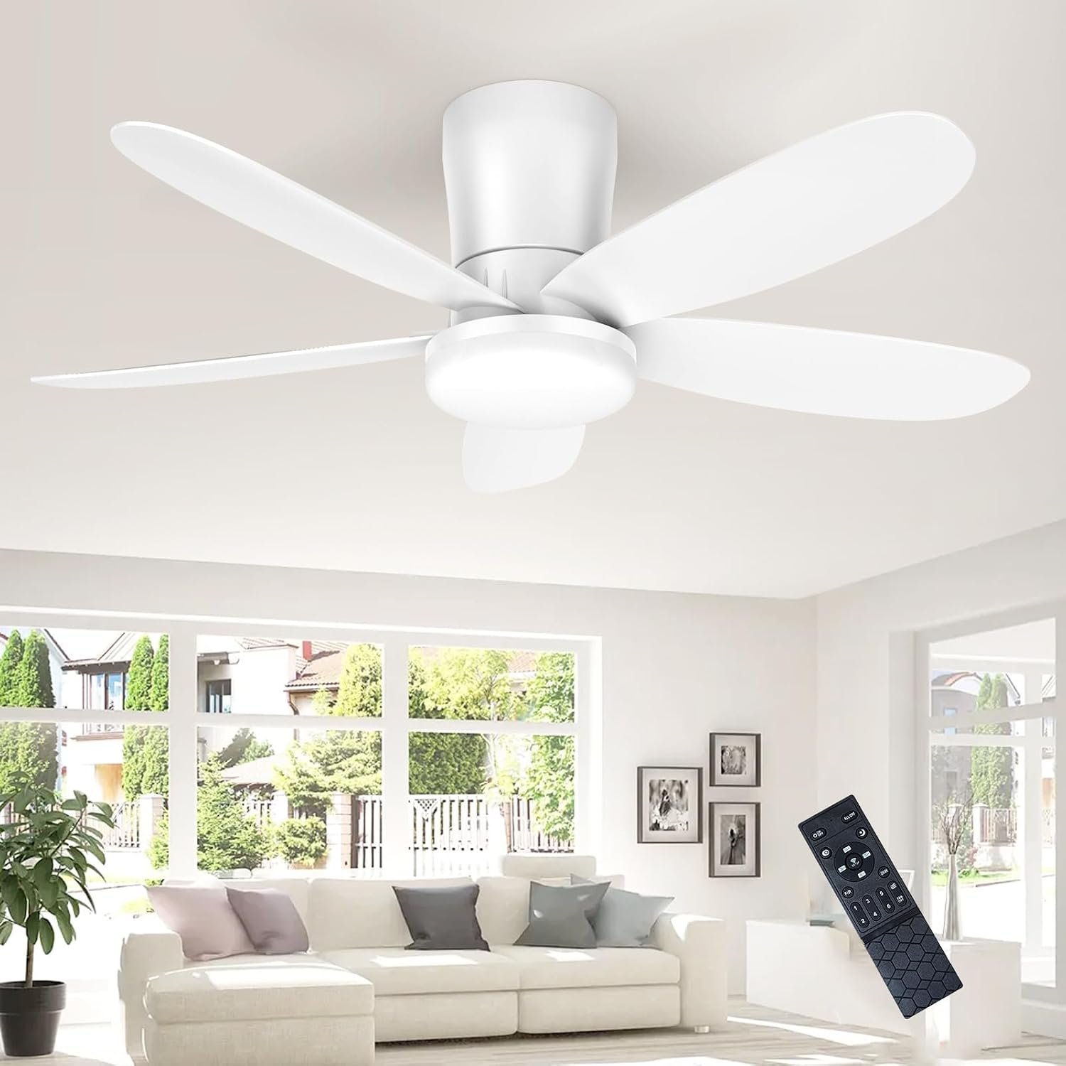 You are currently viewing Ceiling Fan with Light Low Profile 42-Inch Modern White Small Ceiling Fans for Bedroom Indoor Outdoor – Dimmable Fans with Timer Remote Control Flush Mount Reversible 5 Blades 6 Speeds