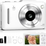 Digital Camera 4K Autofocus Vlogging Camera for Photography with 16X Zoom Anti Shake, 32GB Card, 48MP Compact Portable Point and Shoot Camera for Kids Boys Girls Teens Beginner（White）