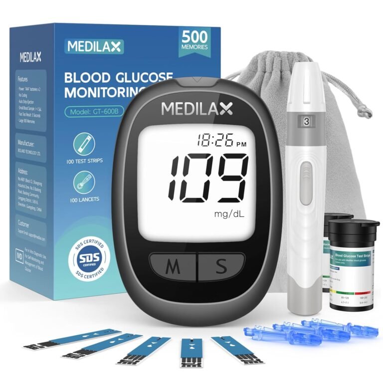 Read more about the article Medilax Blood Glucose Monitor Kit, 100 Test Strips & 100 Lancets Blood Sugar Testing Kit with Glucometer and Lancing Device, No Coding, 500 Storage Glucose Monitor for Home Use, Diabetes Testing
