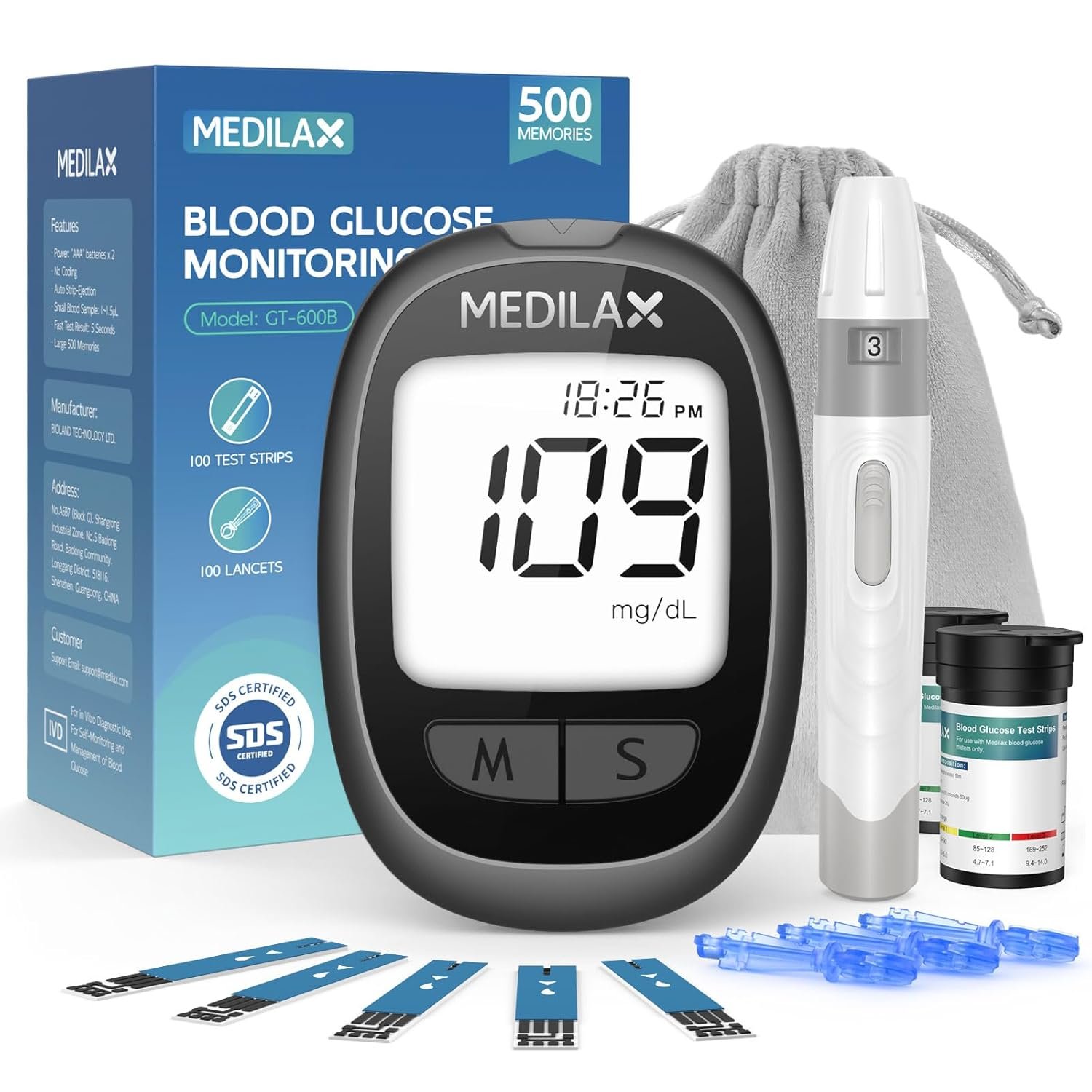 You are currently viewing Medilax Blood Glucose Monitor Kit, 100 Test Strips & 100 Lancets Blood Sugar Testing Kit with Glucometer and Lancing Device, No Coding, 500 Storage Glucose Monitor for Home Use, Diabetes Testing