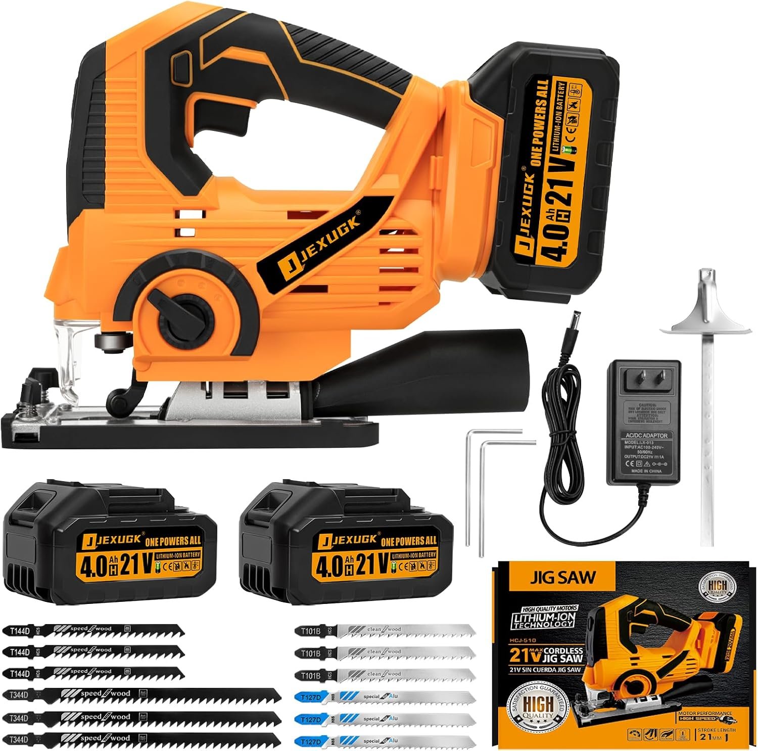 You are currently viewing JEXUGK Cordless Jigsaw, 21V Power Jig Saw with 2×4.0Ah Batteries, 3200 RPM Variable Speed, 4 Orbital Settings, ±45° Bevel Cutting, Includes 12 Blades for Wood & Metal Cutting