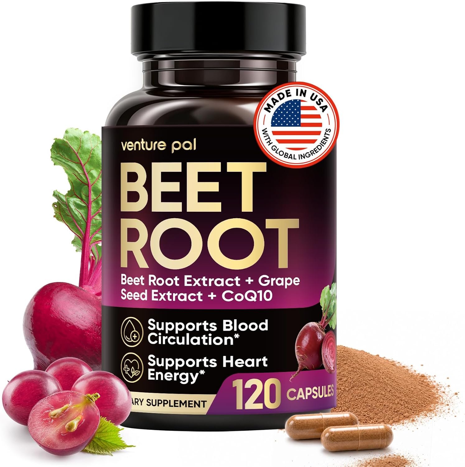 You are currently viewing Venture Pal Beet Root Nitric Oxide Capsules, 8-in-1 Heart & Blood Pressure Support Formula with CoQ10, Grape Seed and Garlic, Circulation & Energy Supplement, 120 Count
