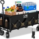34″ Extra Long Foldable Wagon with All-Terrain Wheels, 260 LBS Capacity Collapsible Utility Cart for Grocery Shopping, Apartment Moving, Camping, Picnic, Sports (Black)